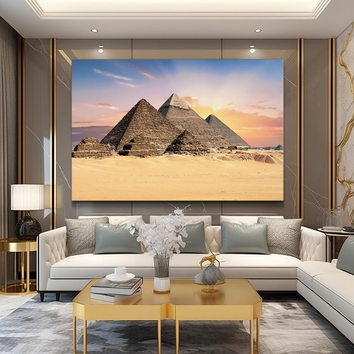 Giza Pyramids Sunset Egyptian Canvas Art – styled in a furnished interior