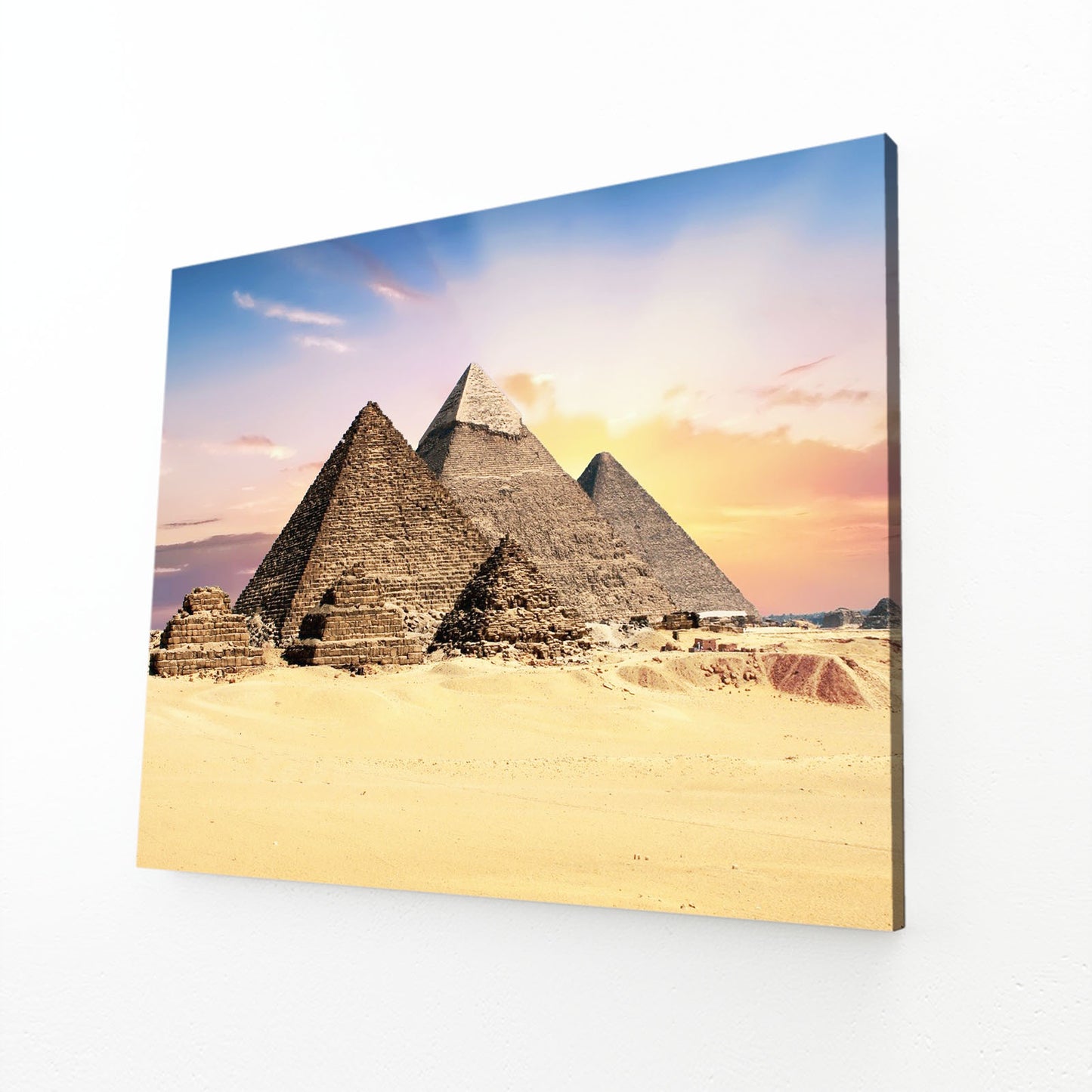 Giza Pyramids Sunset Egyptian Canvas Art – angled canvas view on white background