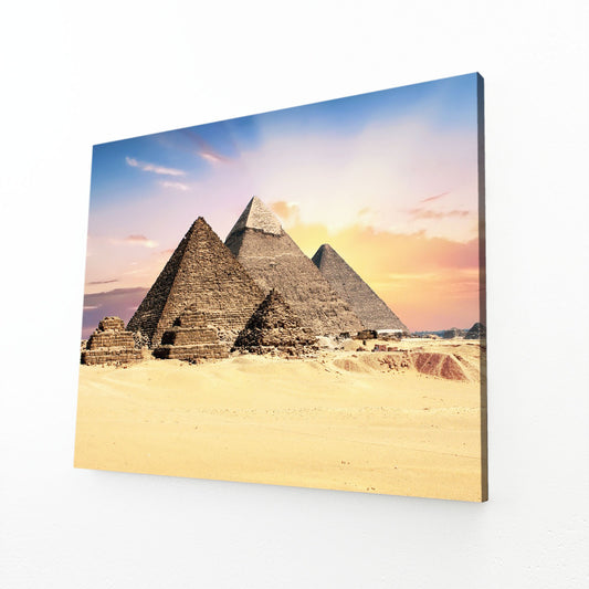 Giza Pyramids Sunset Egyptian Canvas Art – angled canvas view on white background