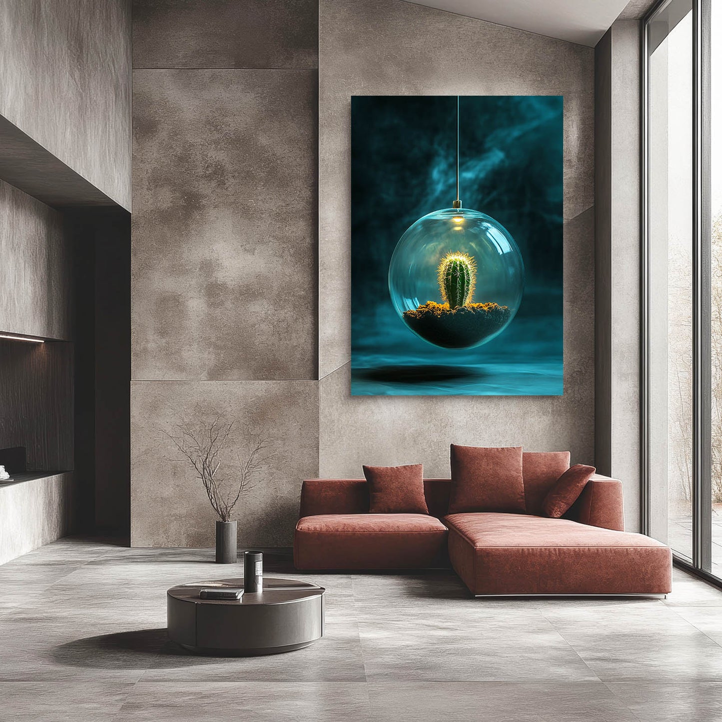 Glass Orb Terrarium Cactus Canvas – styled in a furnished interior