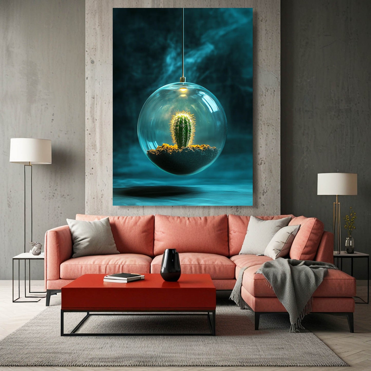 Glass Orb Terrarium Cactus Canvas – styled in a furnished interior