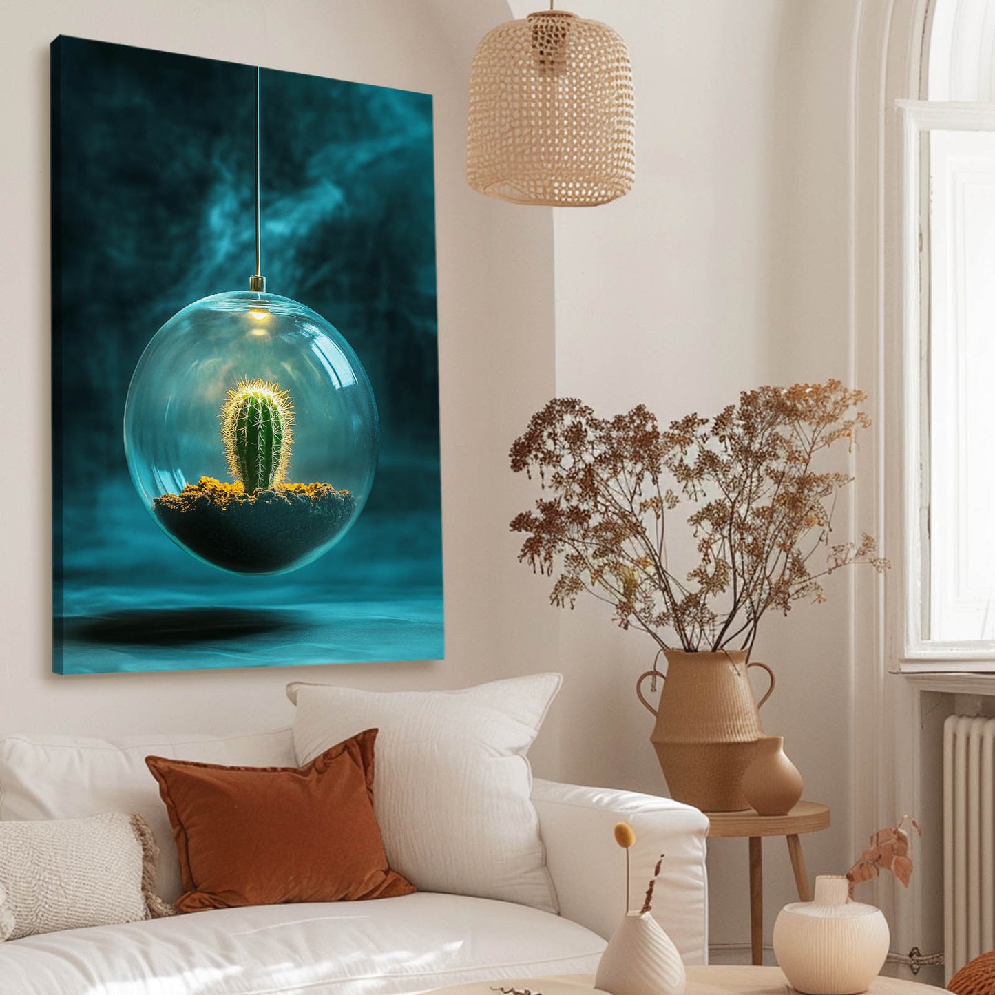 Glass Orb Terrarium Cactus Canvas – styled in a furnished interior