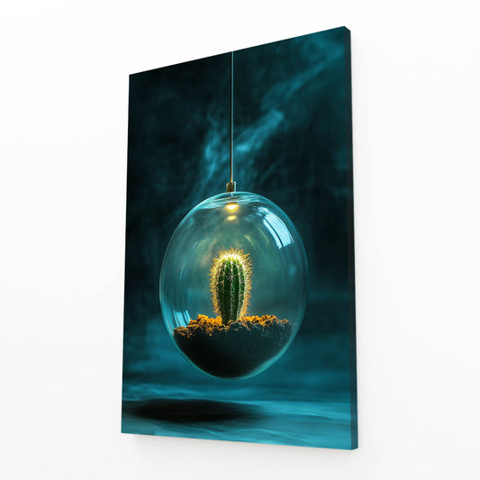 Glass Orb Terrarium Cactus Canvas – angled canvas view on white background