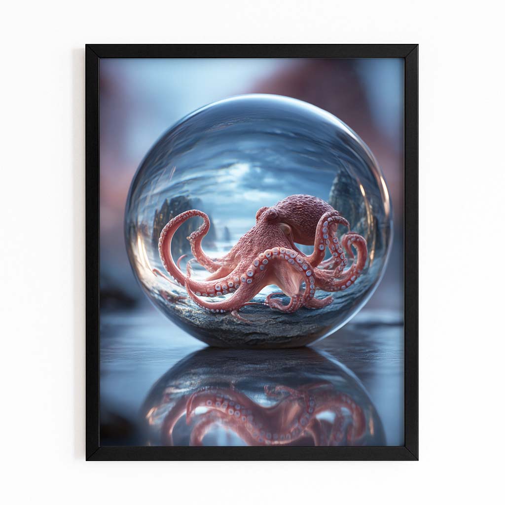 Glass Sphere Octopus Wall Decor – with Premium Black frame on white background