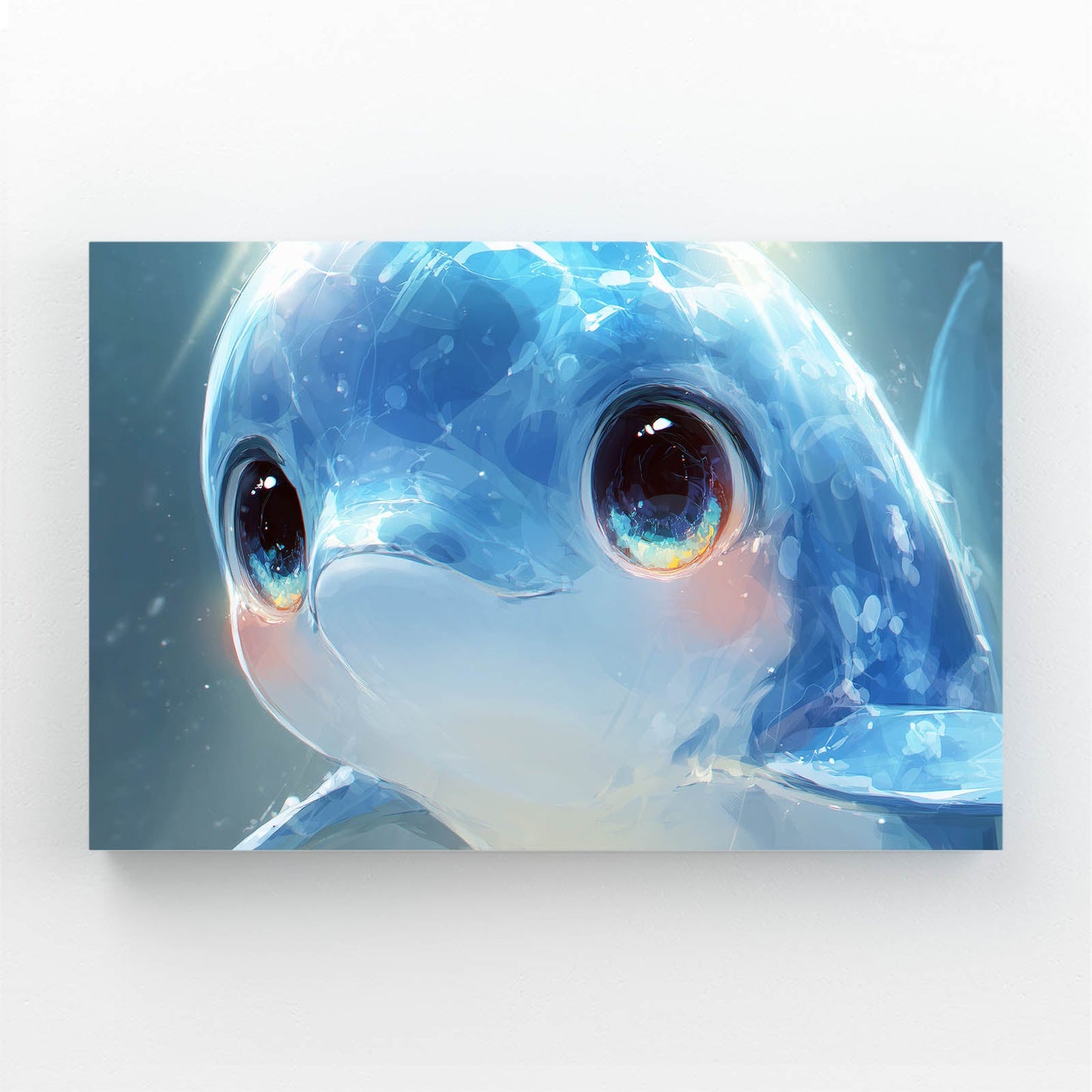 Glassy Eyes Baby Dolphin Art – kawaii baby dolphin face close-up with big glassy eyes in soft blues