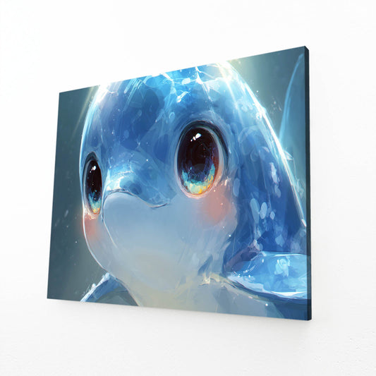 Glassy Eyes Baby Dolphin Art – angled canvas view on white background