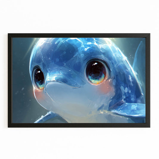 Glassy Eyes Baby Dolphin Art – with Premium Black wood frame on white background