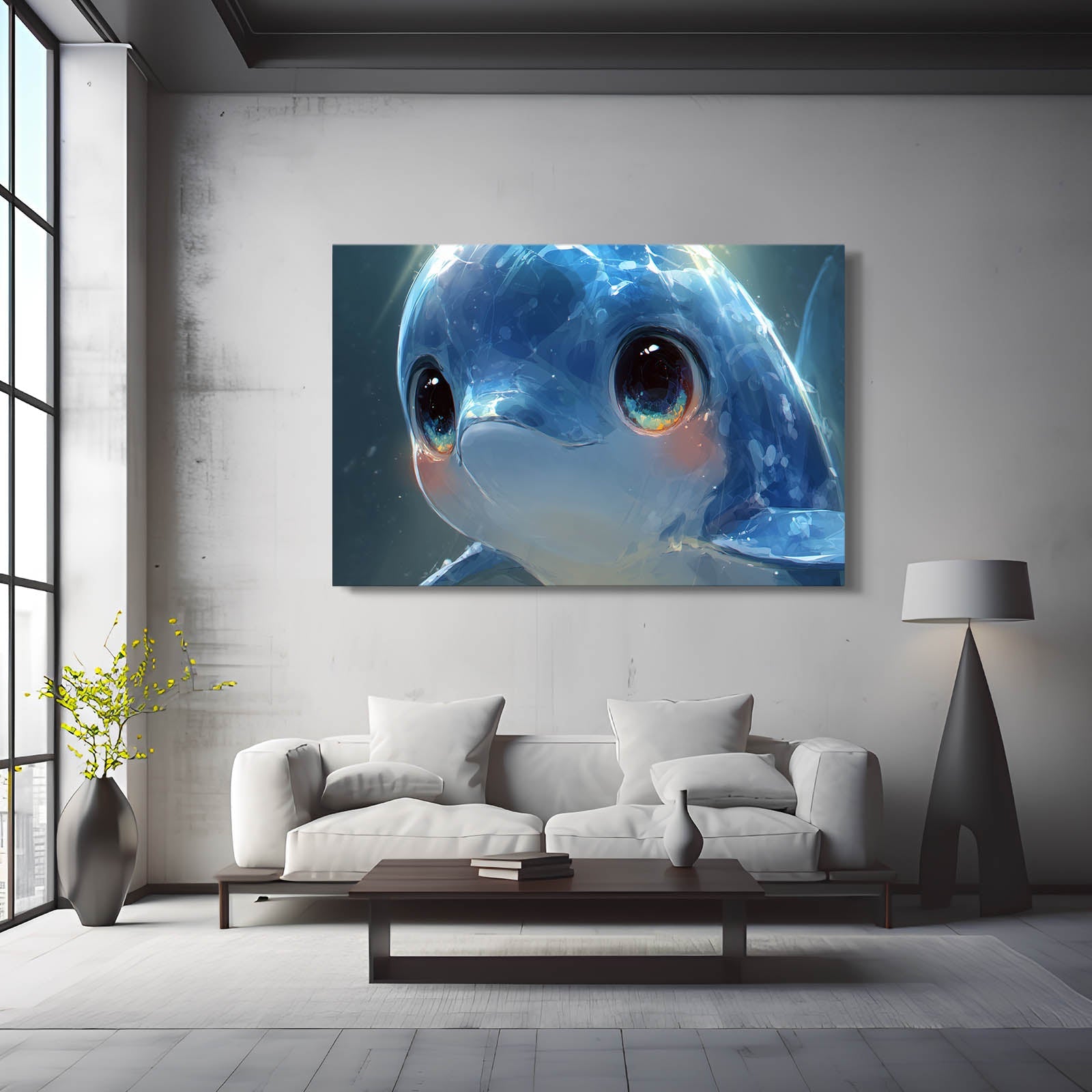 Glassy Eyes Baby Dolphin Art – styled in a furnished interior