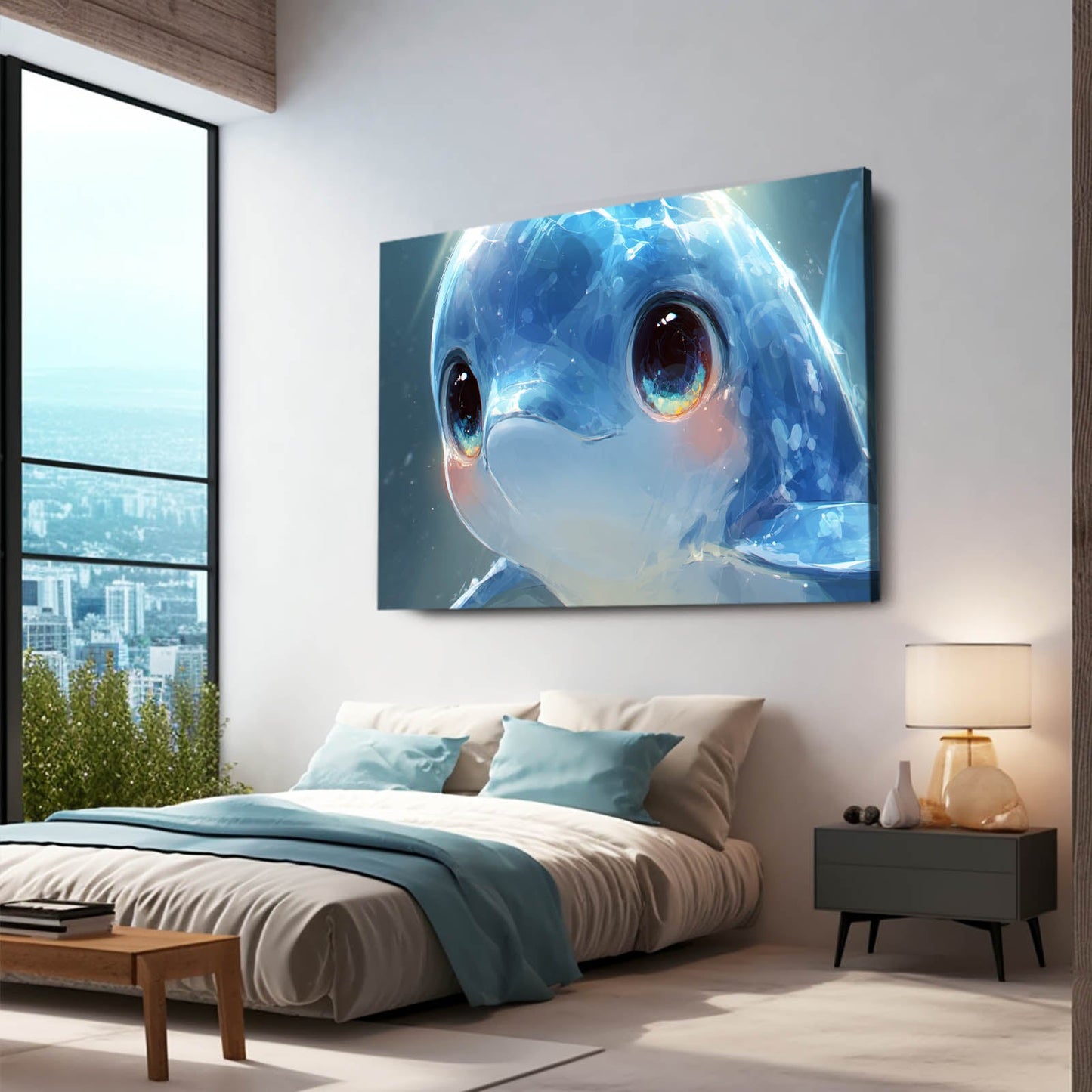 Glassy Eyes Baby Dolphin Art – styled in a furnished interior