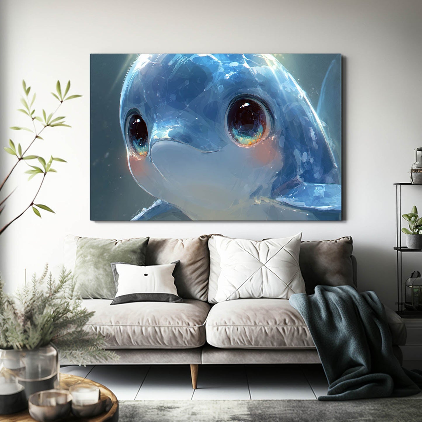 Glassy Eyes Baby Dolphin Art – styled in a furnished interior