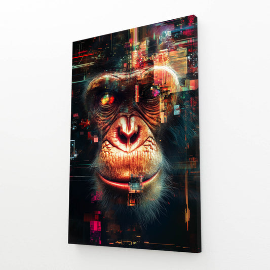 Glitch Cyber Static Monkey Wall Decor – angled canvas view on white background