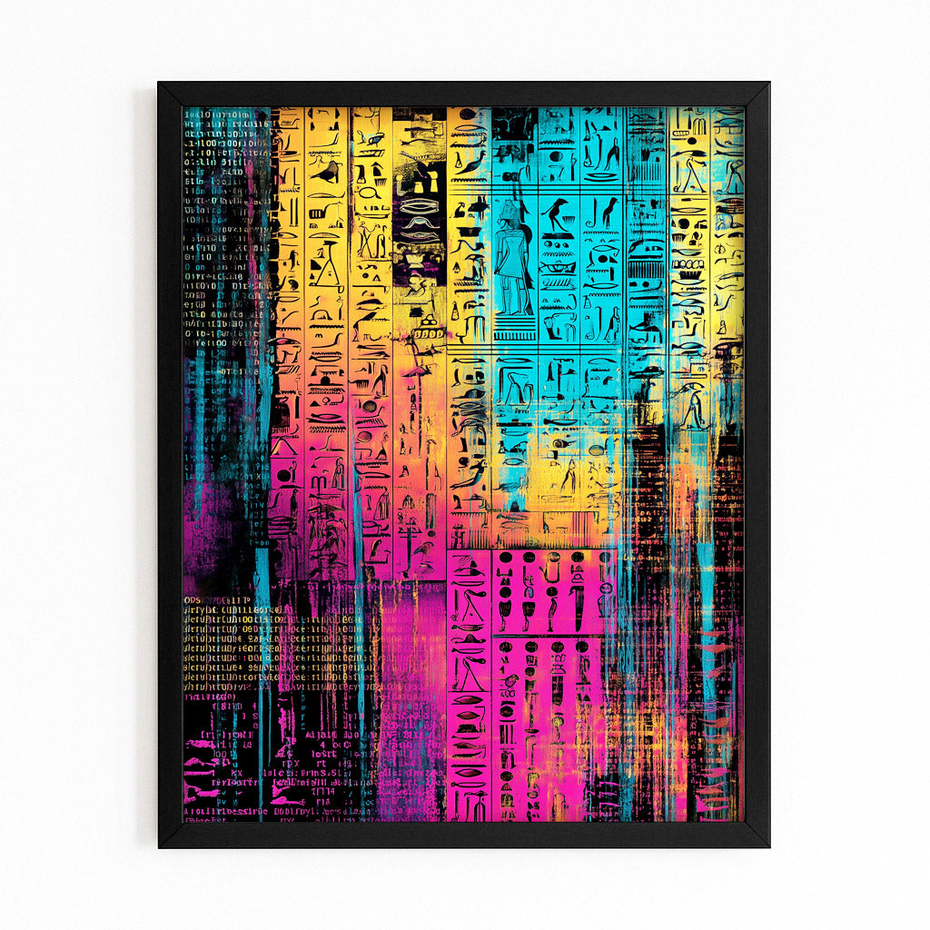 Glitch Hieroglyph Abstract Egyptian Canvas Art – with Premium Black frame on white background