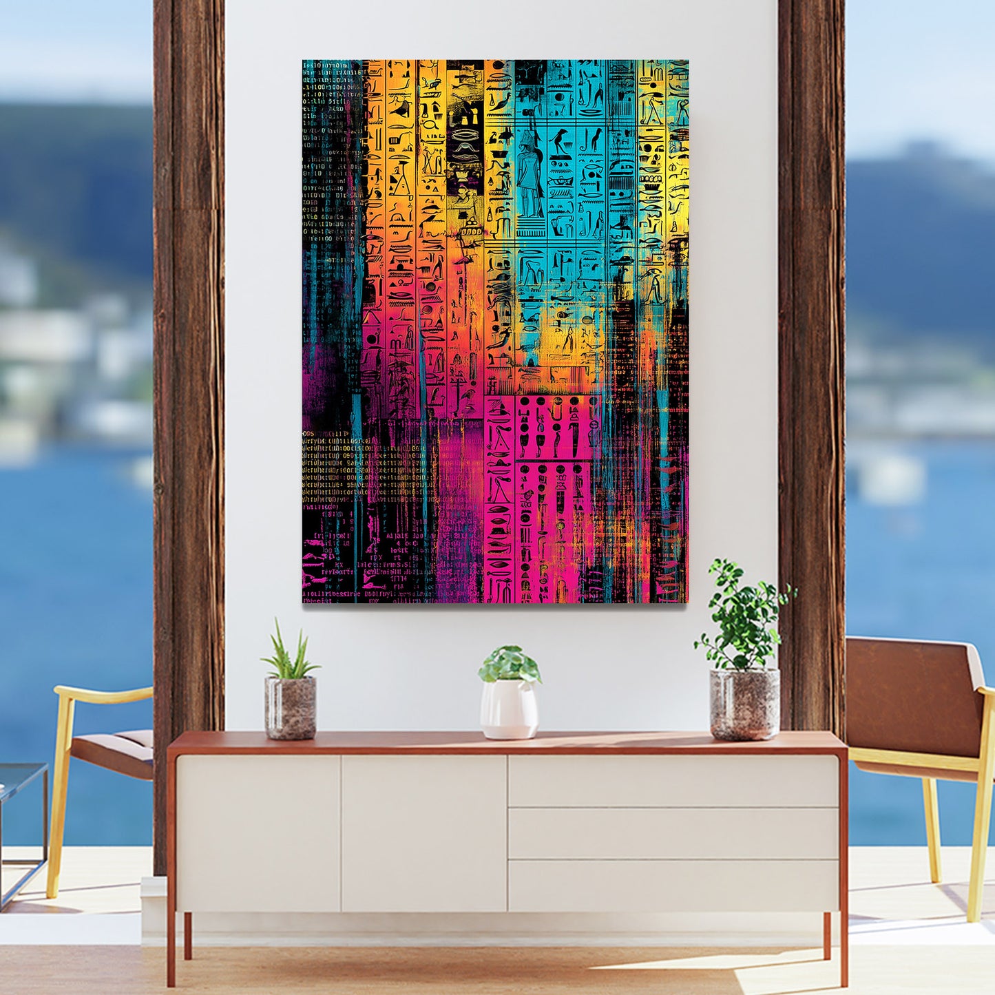Glitch Hieroglyph Abstract Egyptian Canvas Art – styled in a furnished interior