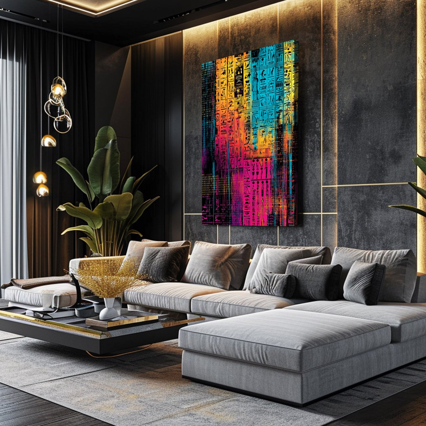 Glitch Hieroglyph Abstract Egyptian Canvas Art – styled in a furnished interior