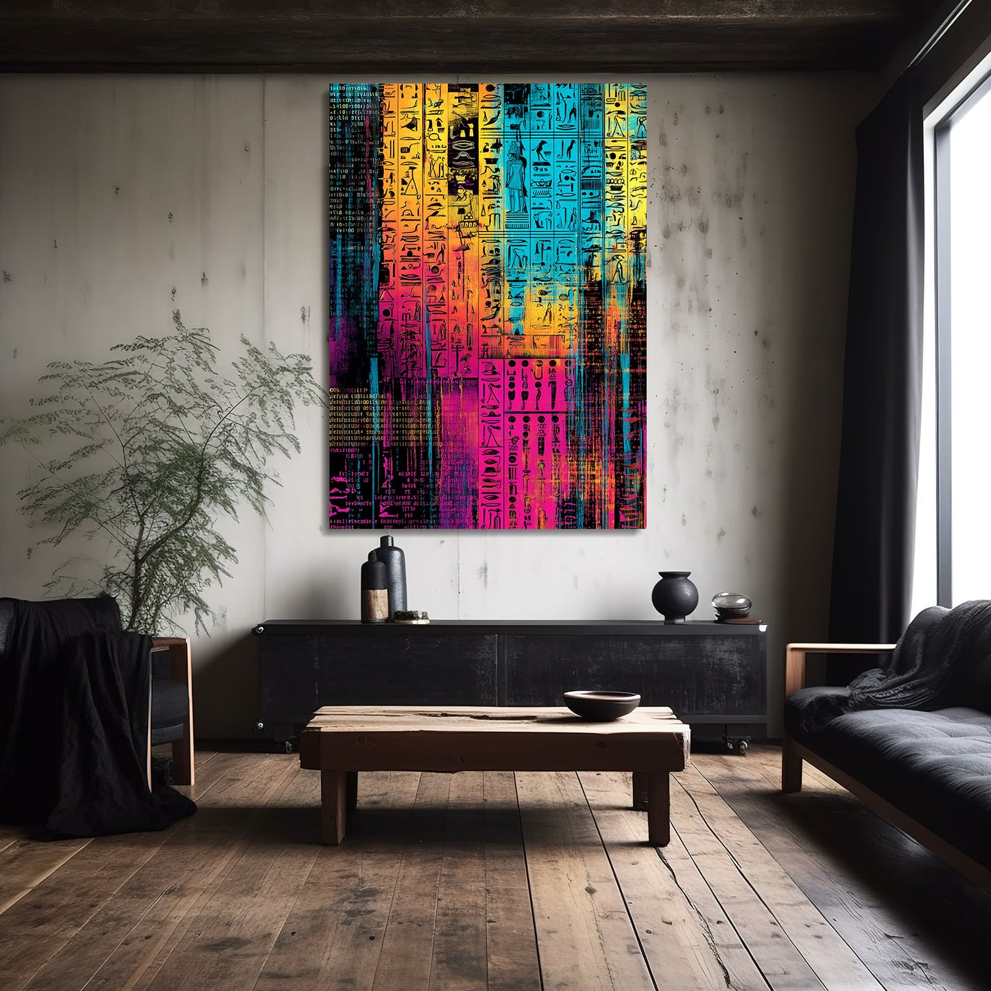 Glitch Hieroglyph Abstract Egyptian Canvas Art – styled in a furnished interior