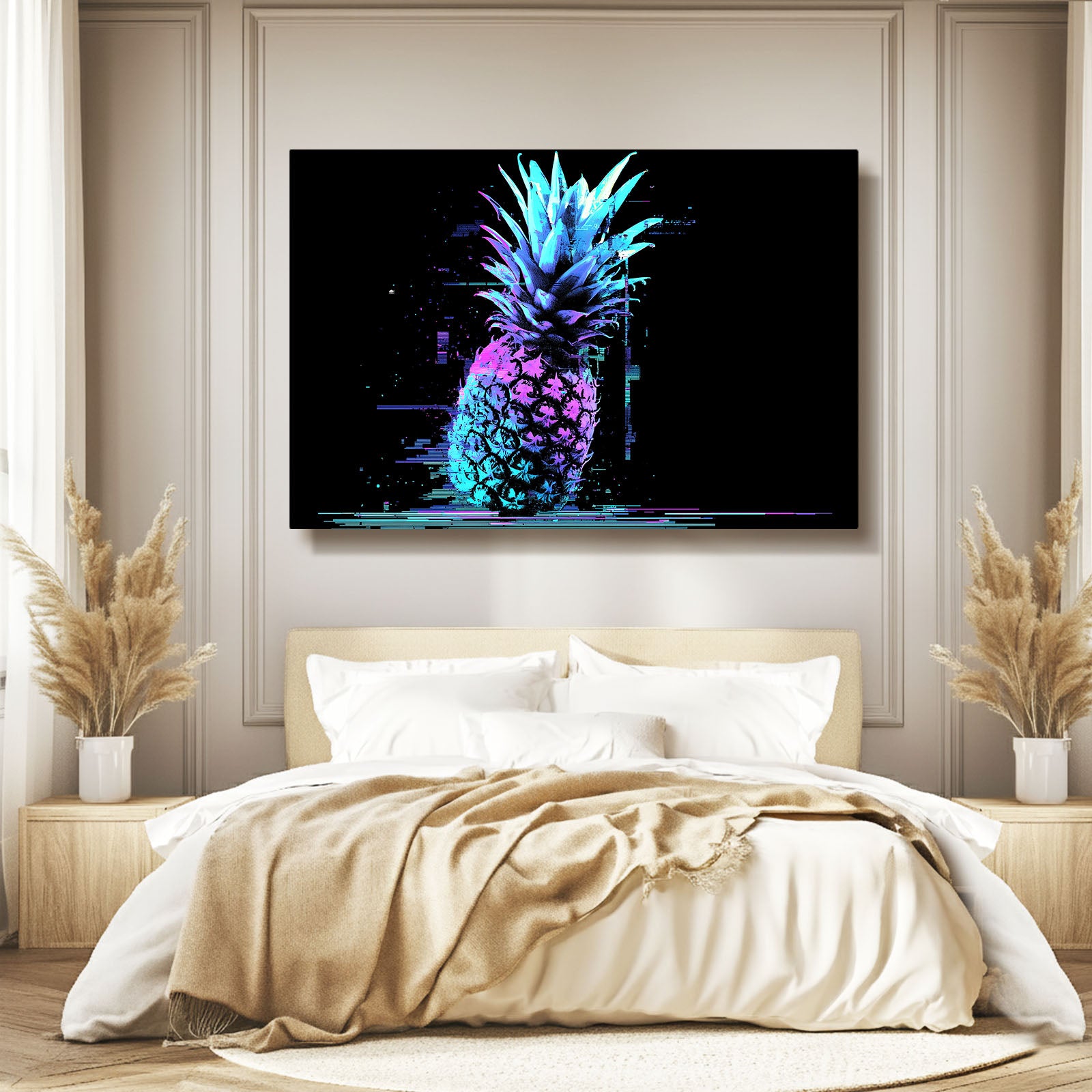 Glitch Neon Pineapple Fruit Prints – styled in a furnished interior