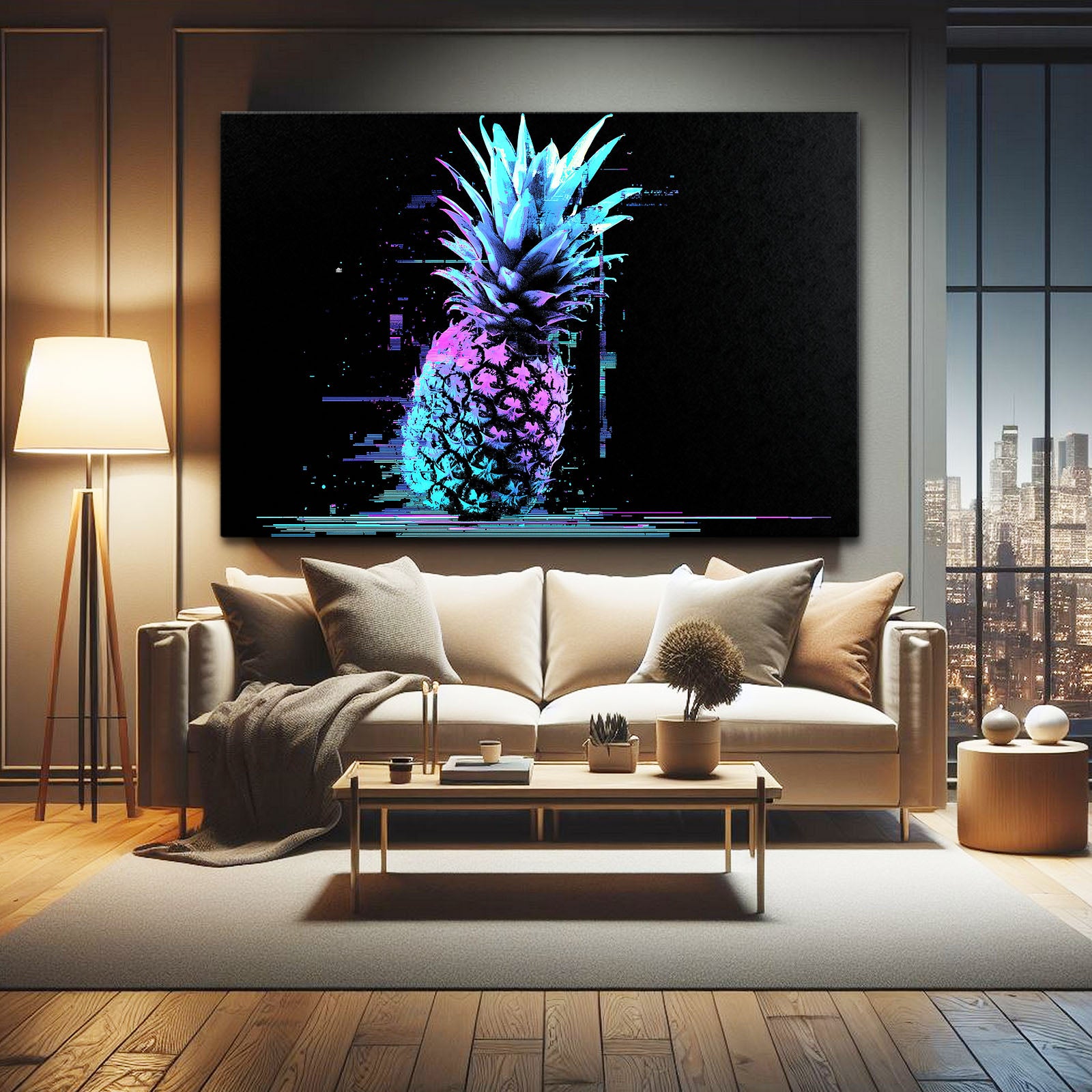Glitch Neon Pineapple Fruit Prints – styled in a furnished interior