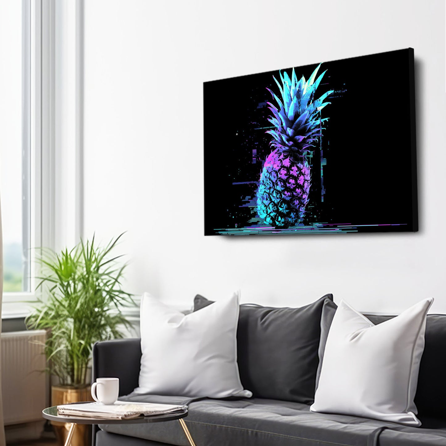 Glitch Neon Pineapple Fruit Prints – styled in a furnished interior