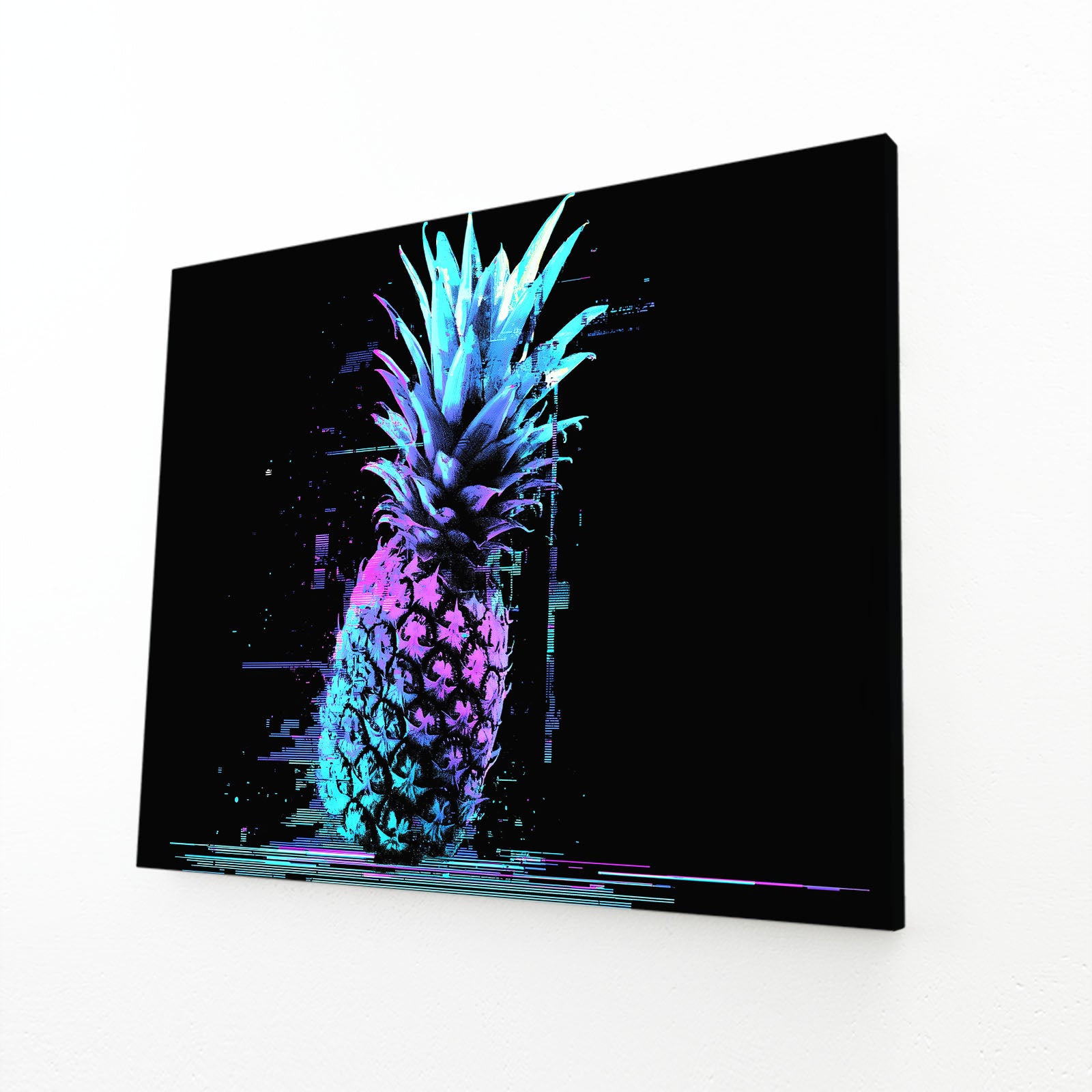Glitch Neon Pineapple Fruit Prints – angled canvas view on white background