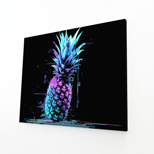 Glitch Neon Pineapple Fruit Prints – angled canvas view on white background
