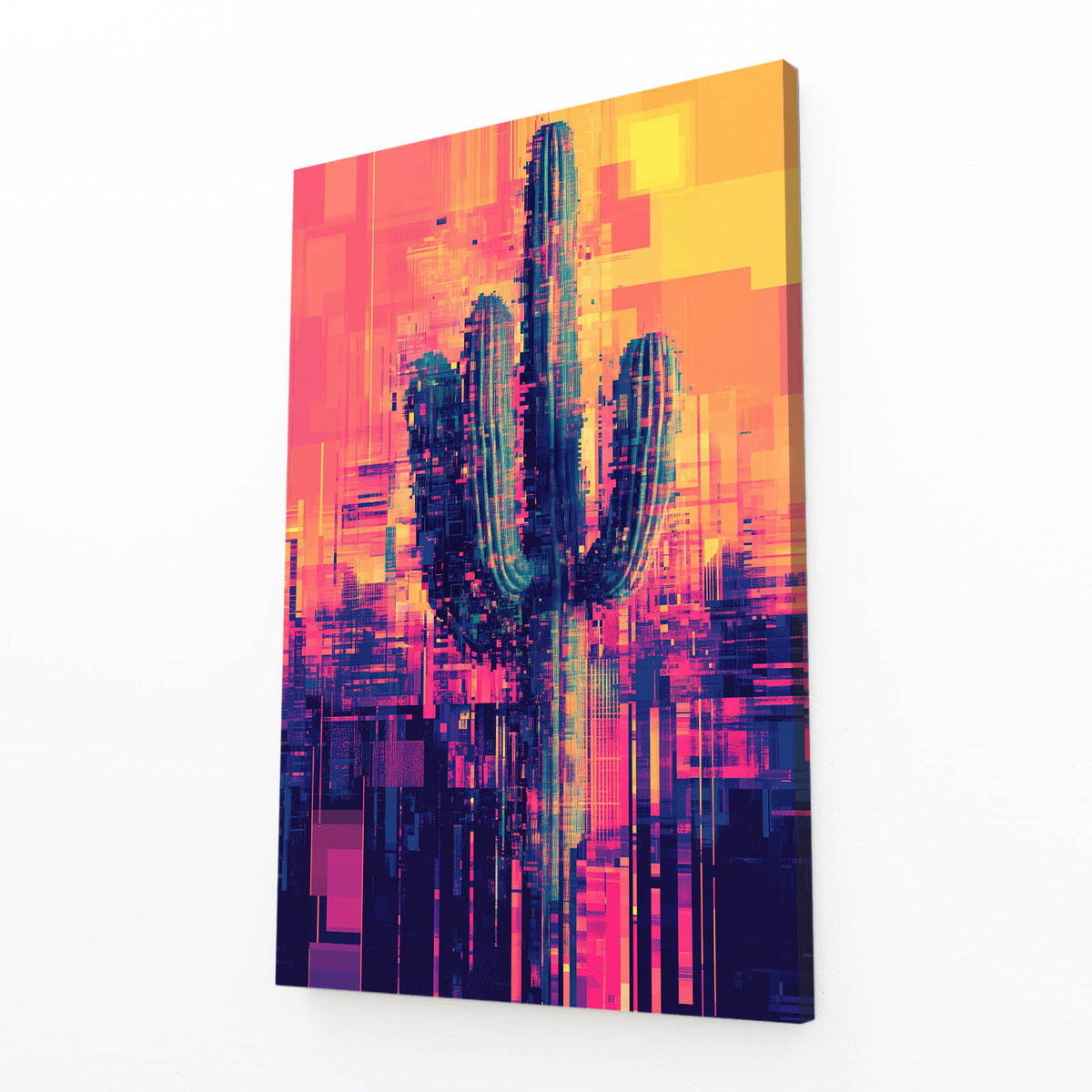 Glitch Pixel Static Cactus Canvas — contemporary canvas print, angled canvas view on white background