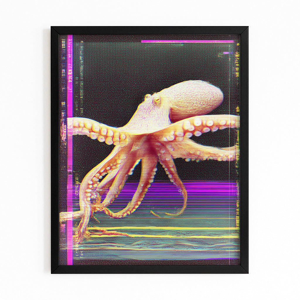 Glitch Scan Lines Octopus Art – with Premium Black frame on white background