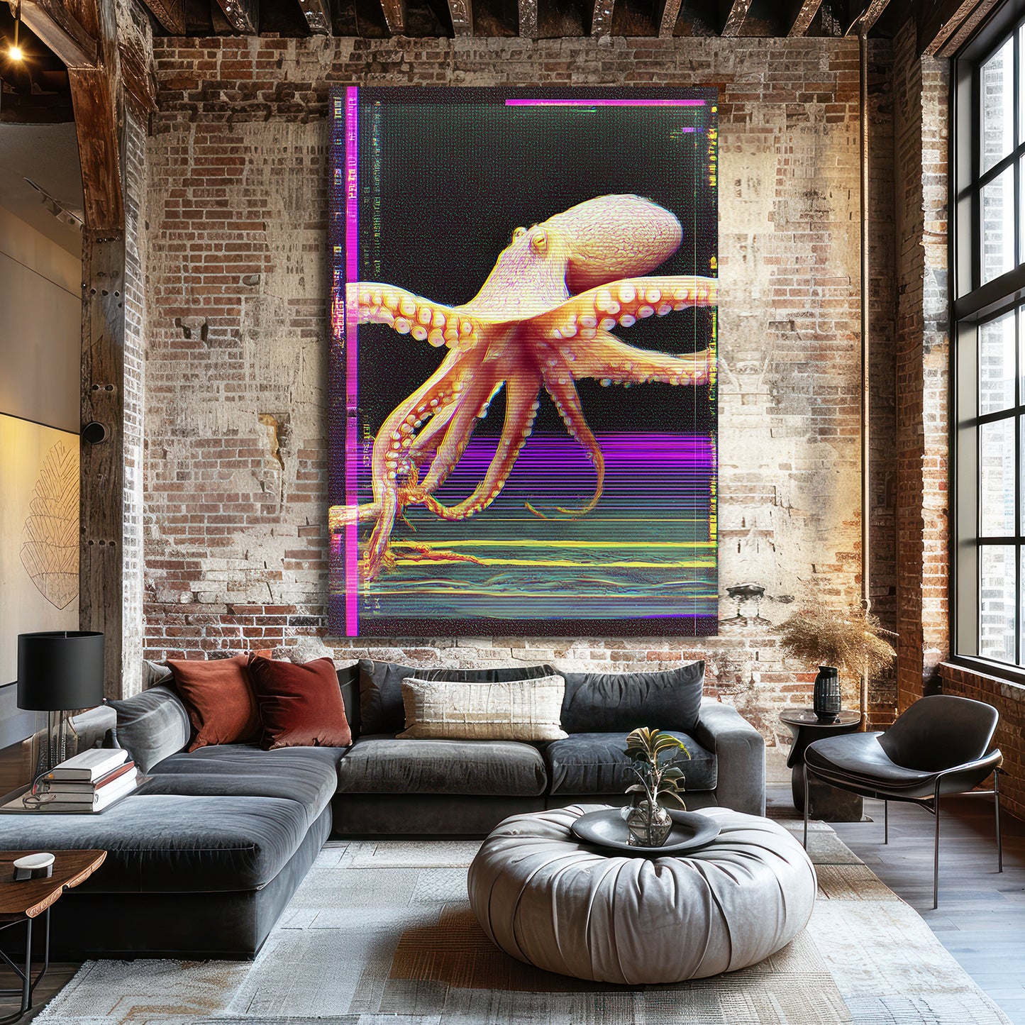 Glitch Scan Lines Octopus Art – styled in a furnished interior