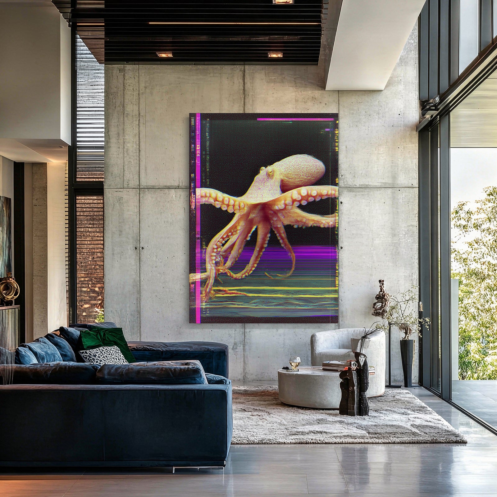 Glitch Scan Lines Octopus Art – styled in a furnished interior