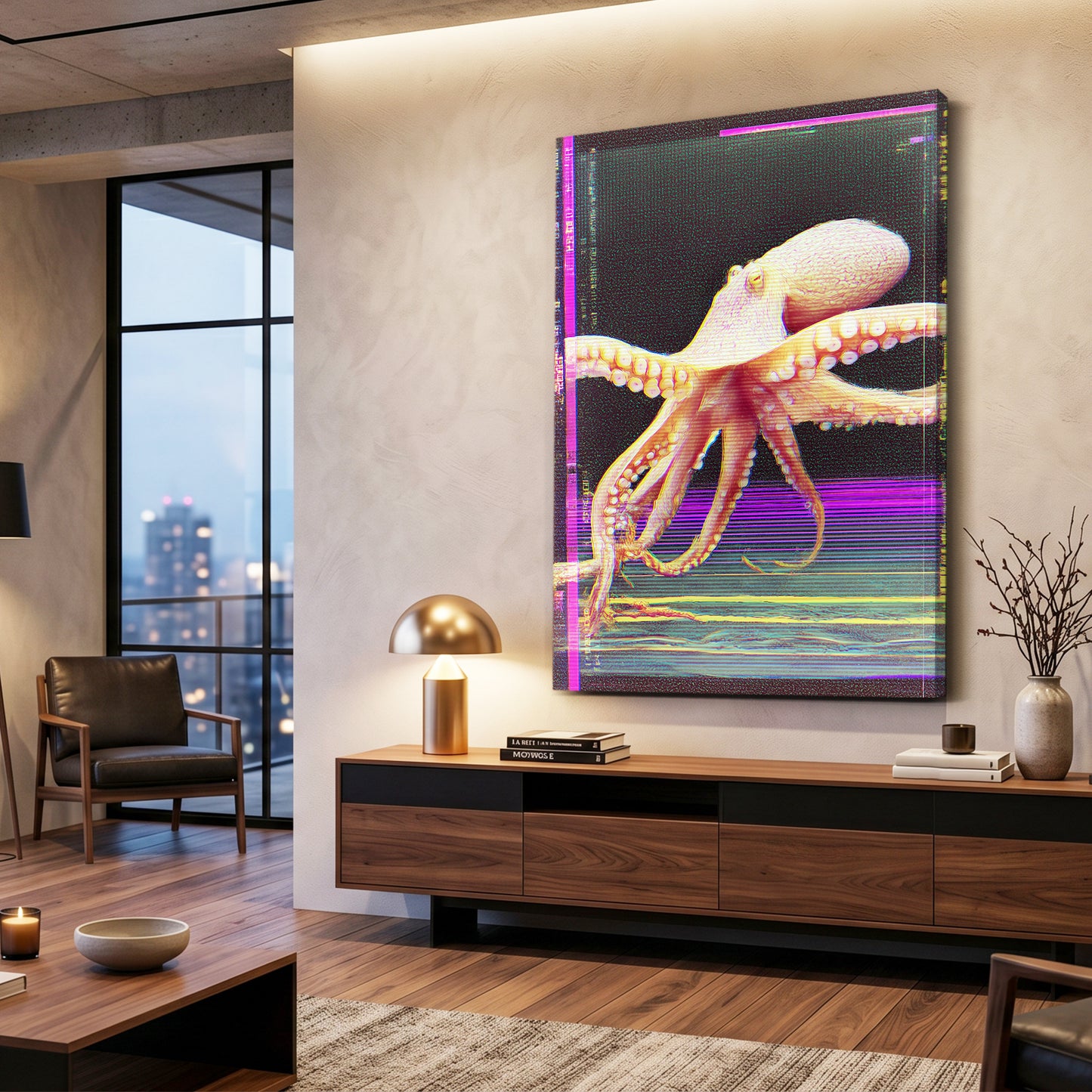 Glitch Scan Lines Octopus Art – styled in a furnished interior