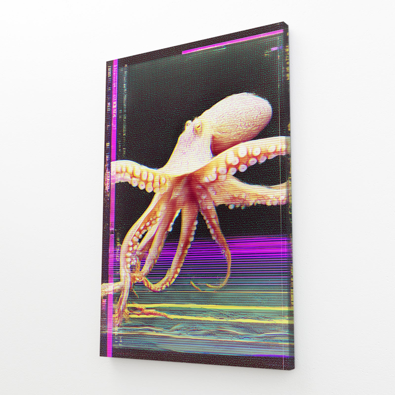 Glitch Scan Lines Octopus Art – angled canvas view on white background