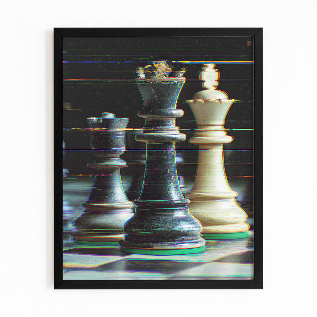Glitch Scanline Pieces Chess Prints – with Premium Black frame on white background