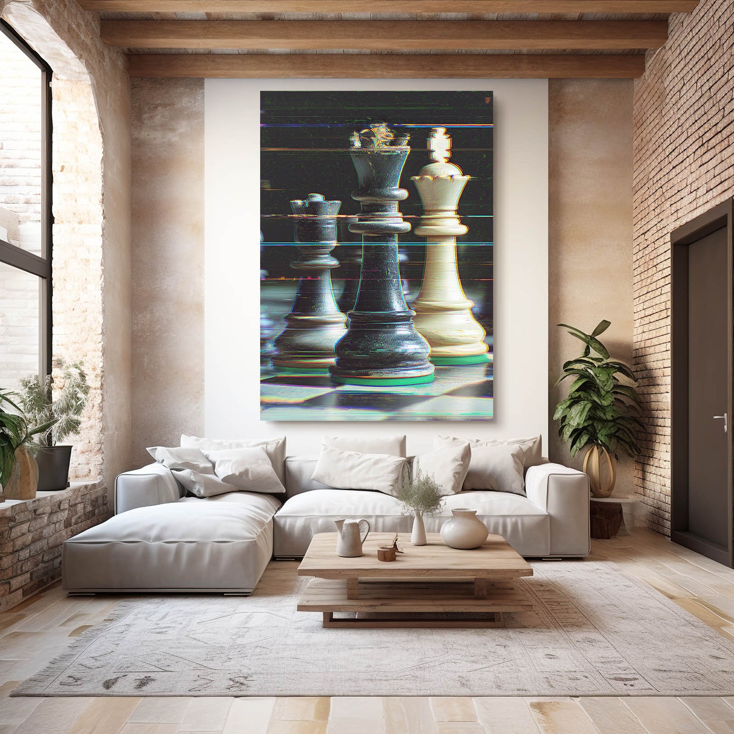Glitch Scanline Pieces Chess Prints – styled in a furnished interior