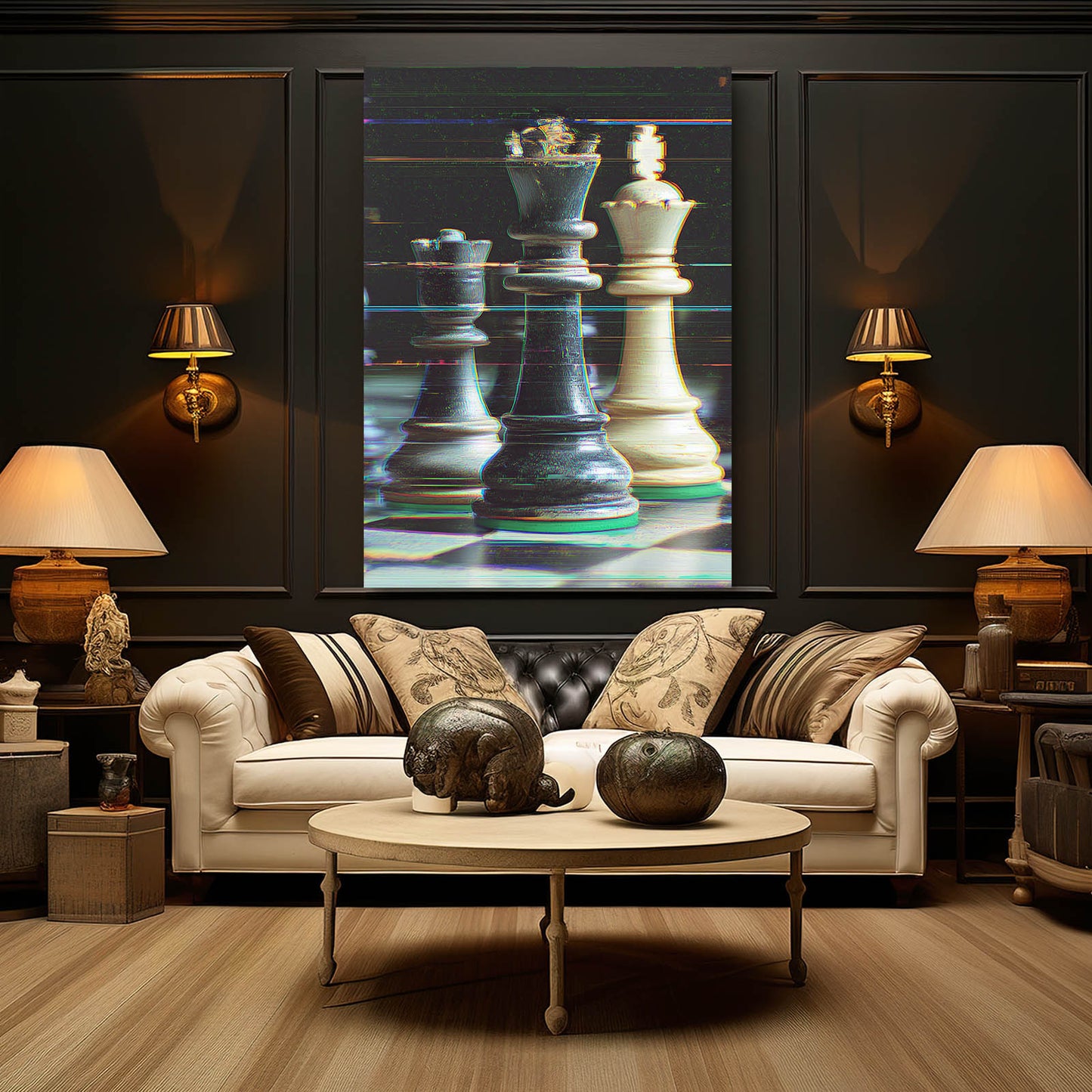 Glitch Scanline Pieces Chess Prints – styled in a furnished interior