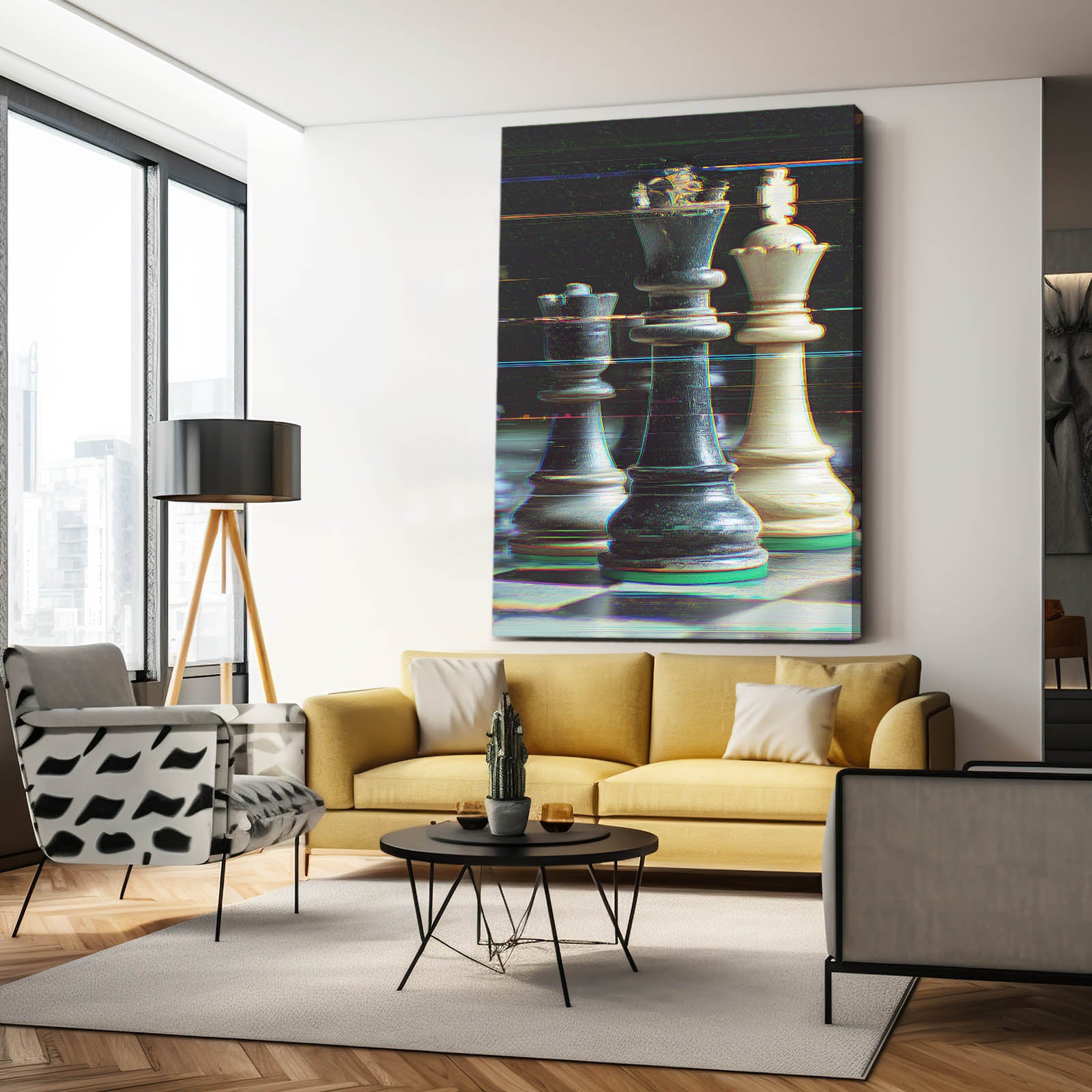 Glitch Scanline Pieces Chess Prints – styled in a furnished interior