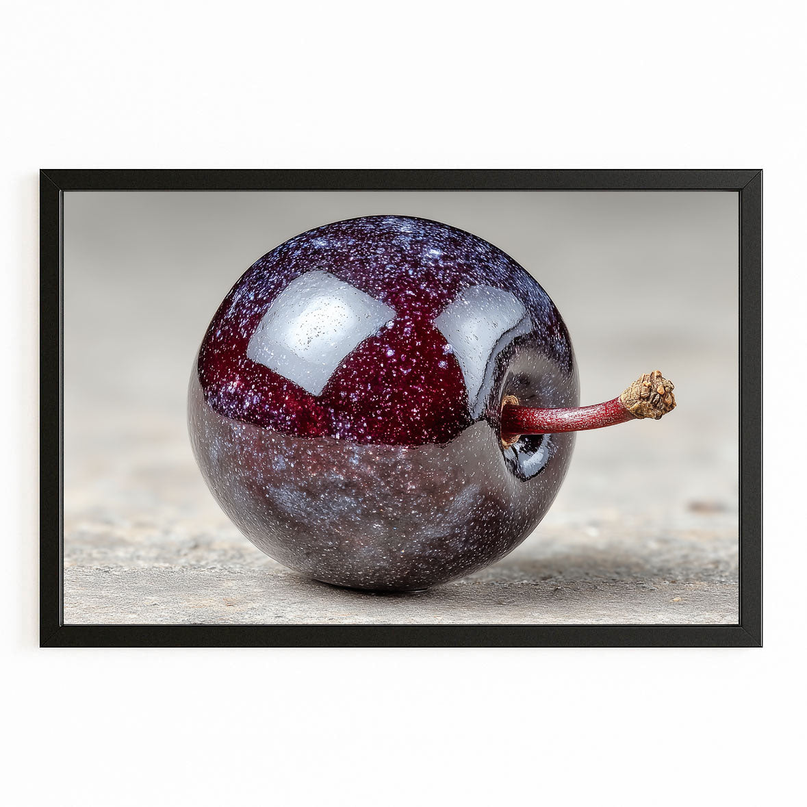 Glossy Dark Plum Fruit Wall Decor – with Premium Black frame on white background