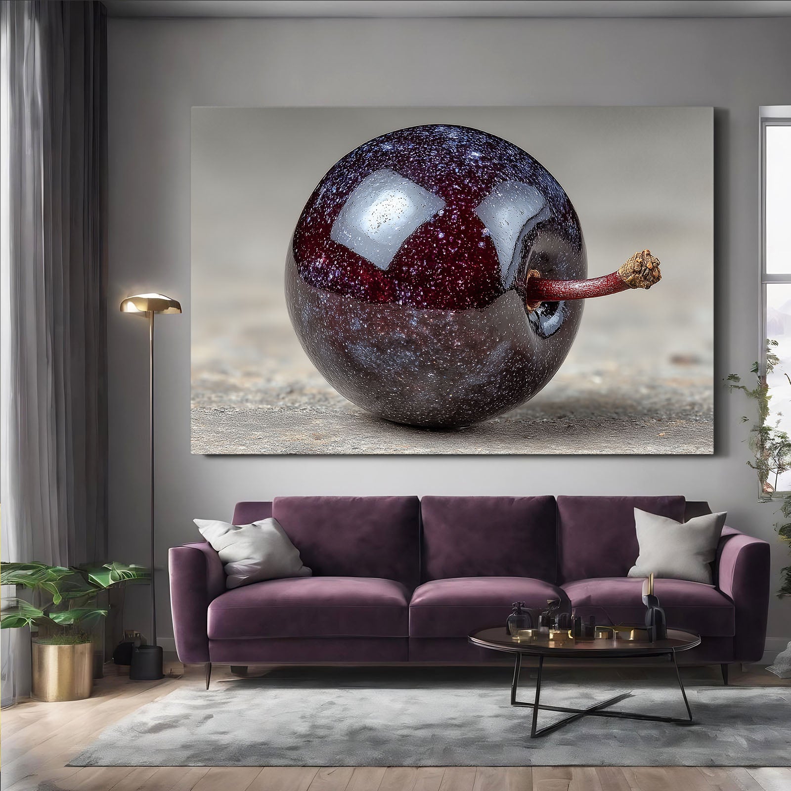 Glossy Dark Plum Fruit Wall Decor – styled in a furnished interior