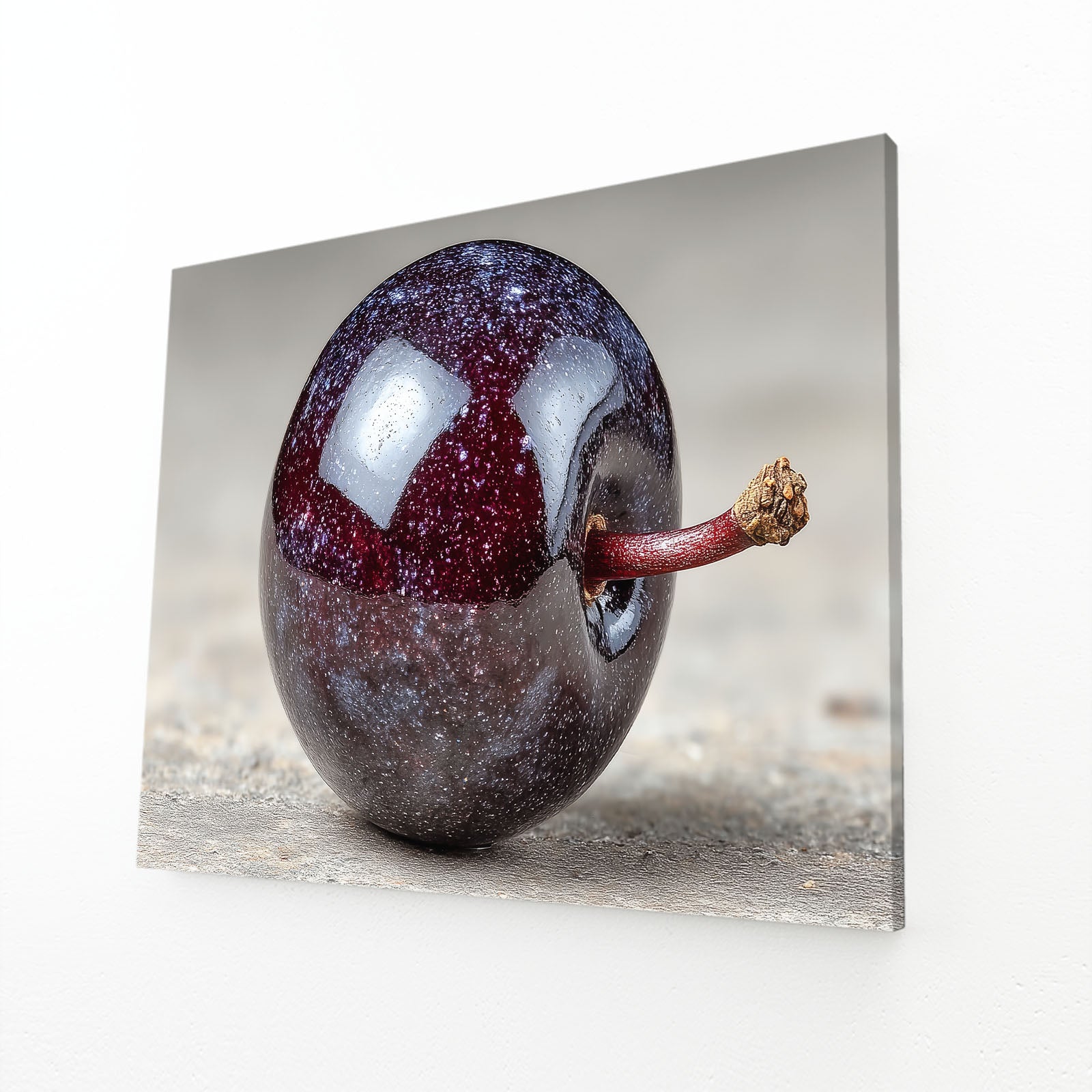 Glossy Dark Plum Fruit Wall Decor – angled canvas view on white background