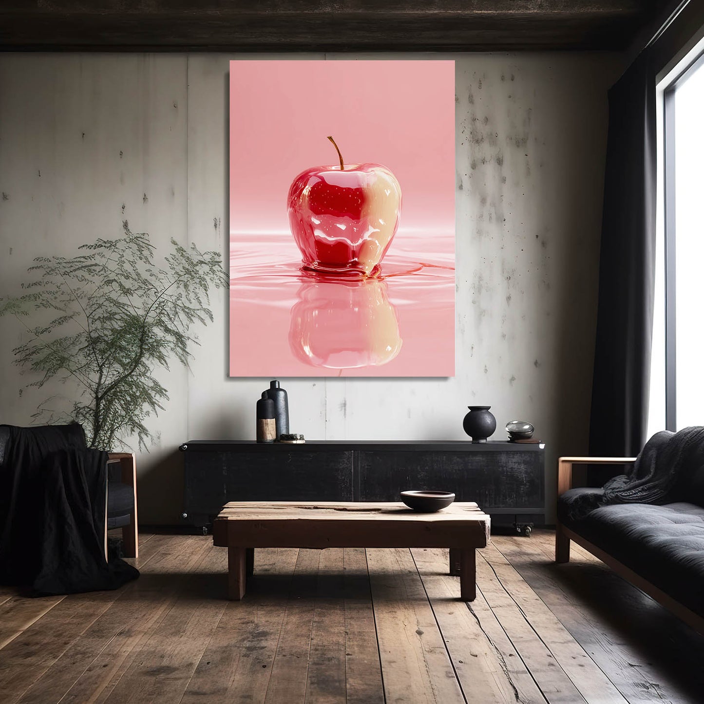 Glossy Red Reflection Apple Art – styled in a furnished interior