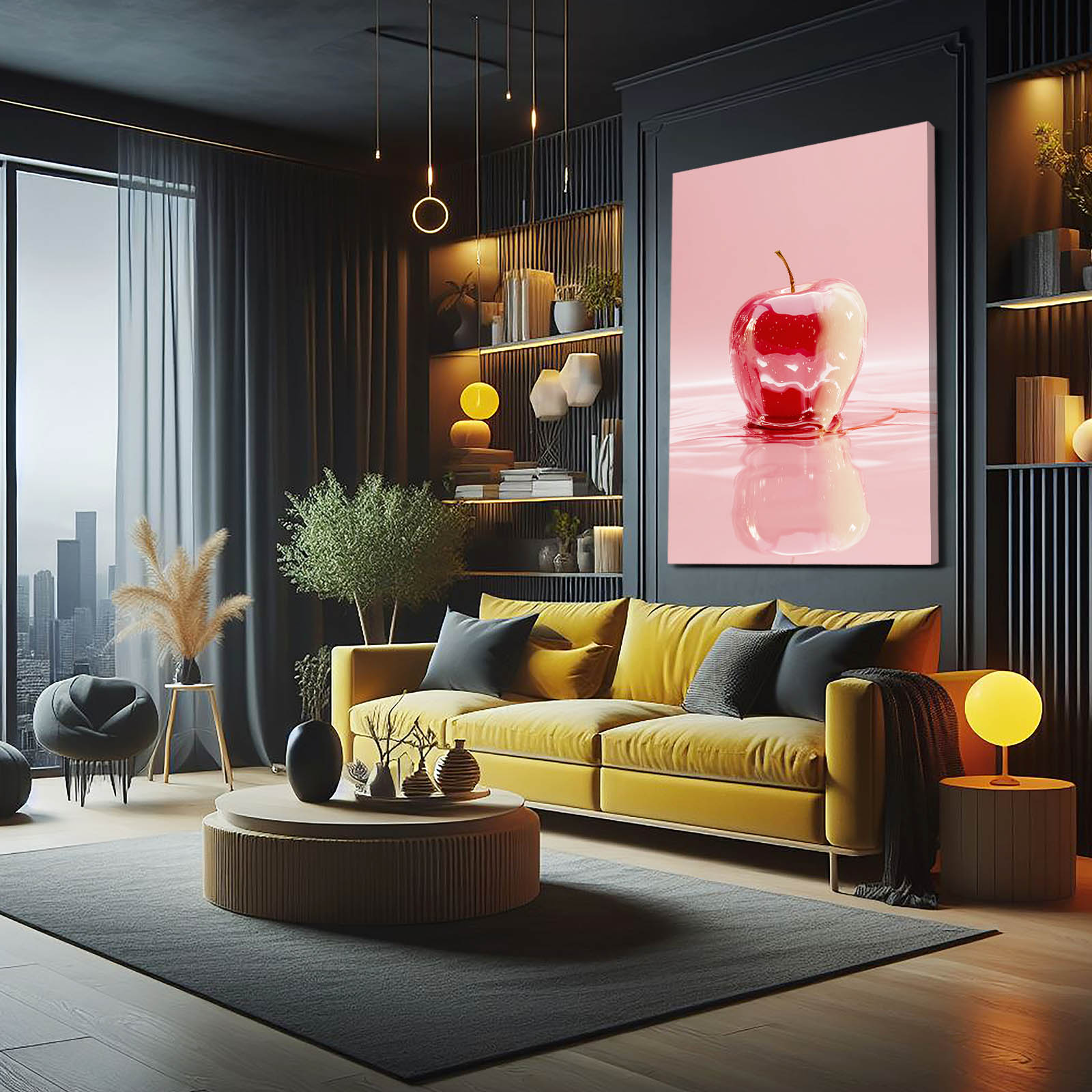 Glossy Red Reflection Apple Art – styled in a furnished interior