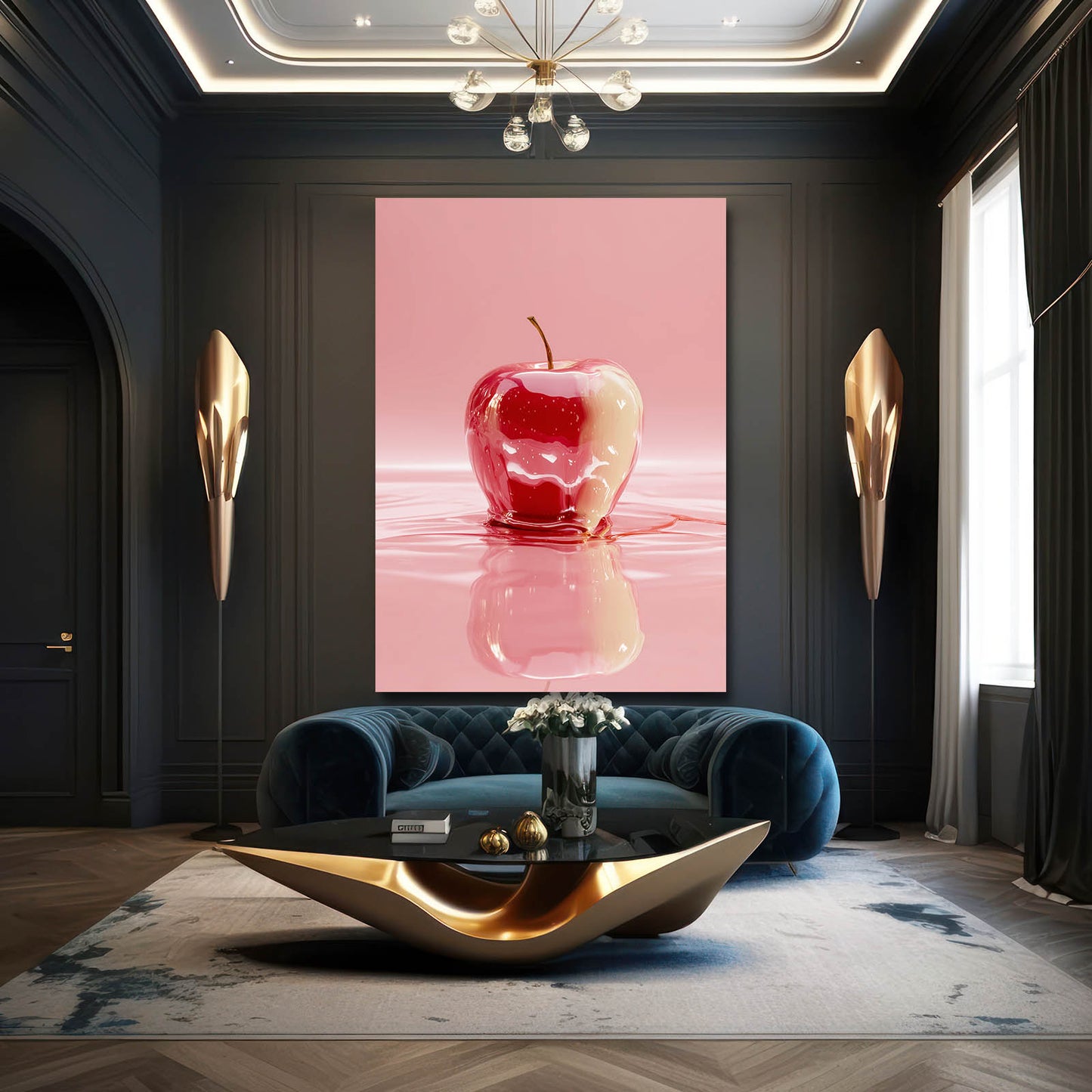 Glossy Red Reflection Apple Art – styled in a furnished interior