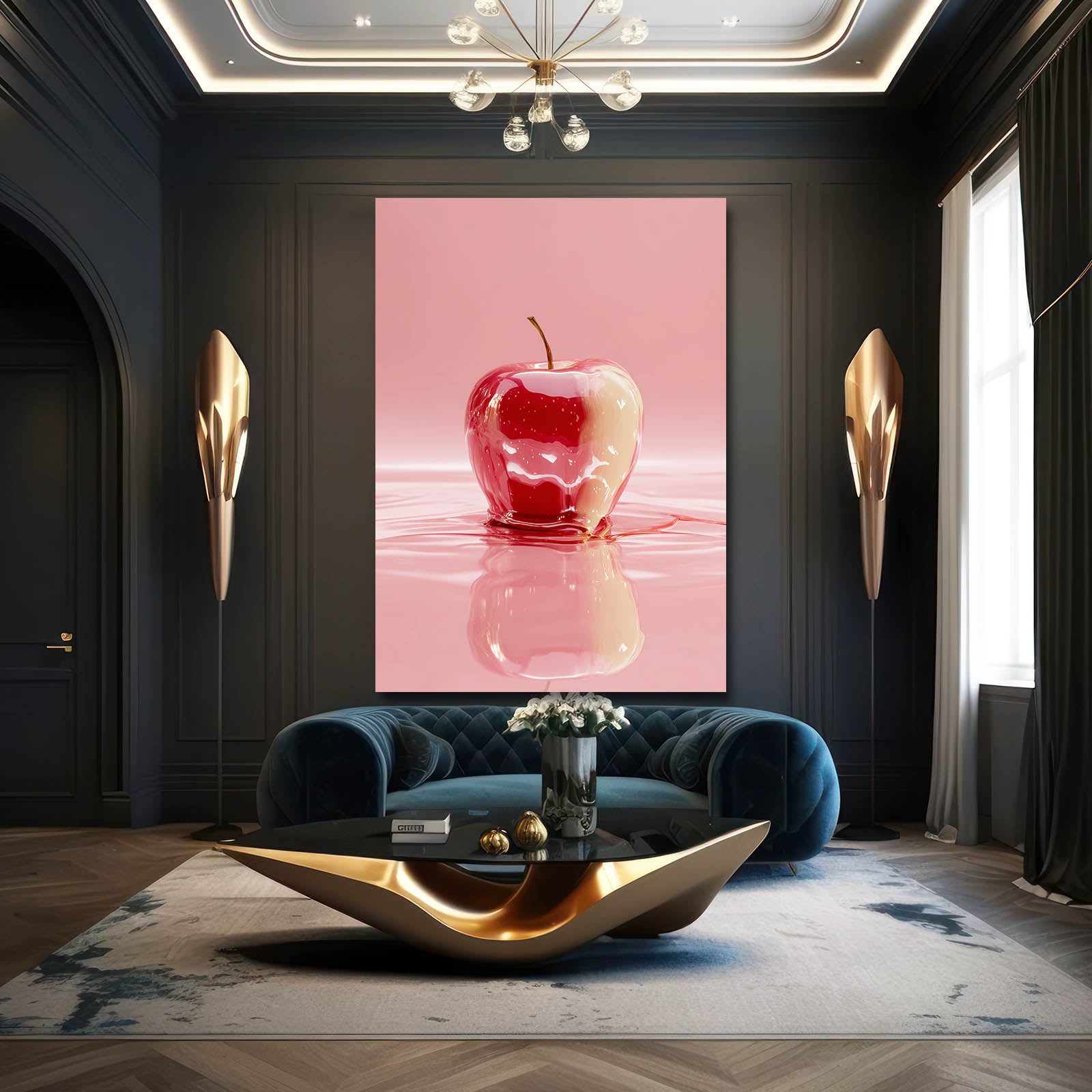 Glossy Red Reflection Apple Art – styled in a furnished interior