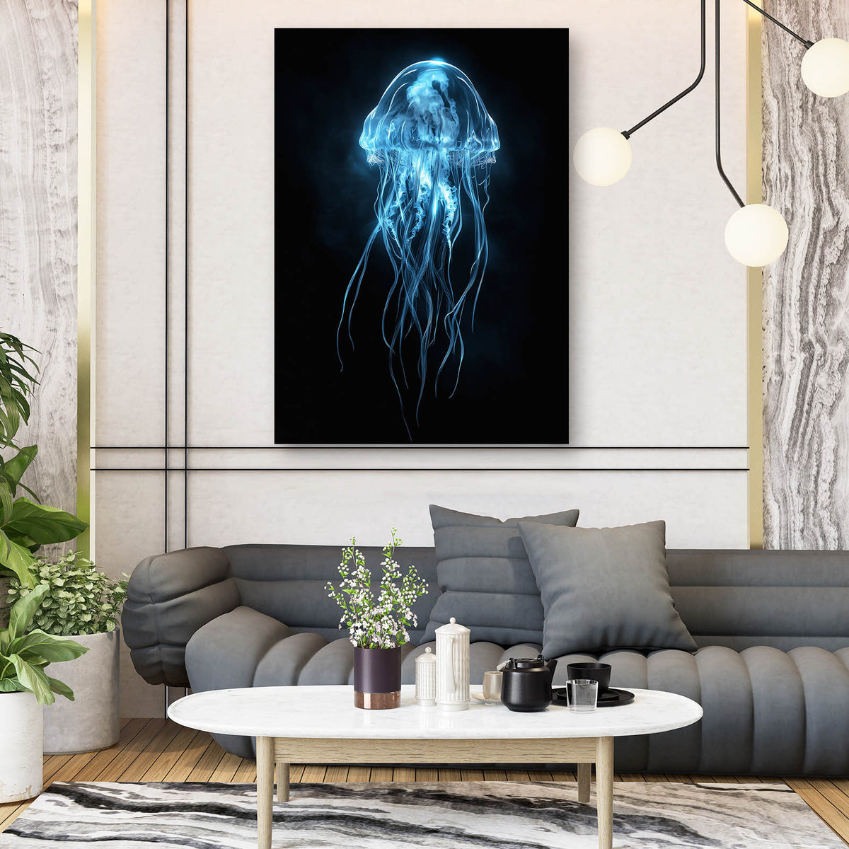 Glowing Blue Jellyfish Cool Canvas Art — contemporary canvas print, styled in a furnished interior