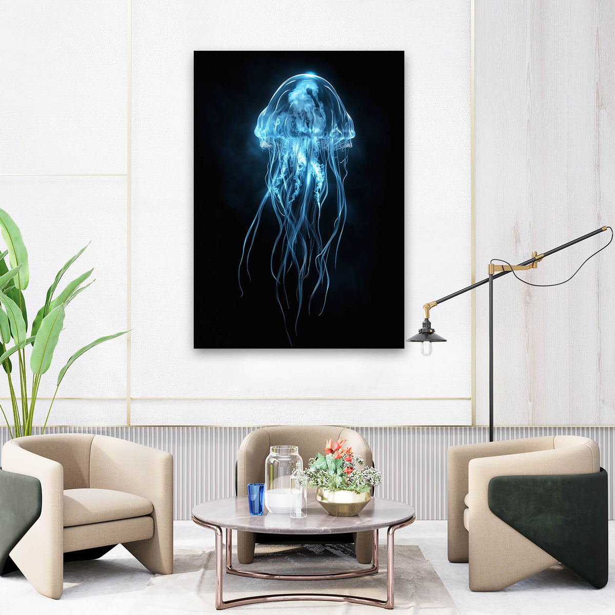 Glowing Blue Jellyfish Cool Canvas Art — contemporary canvas print, styled in a furnished interior