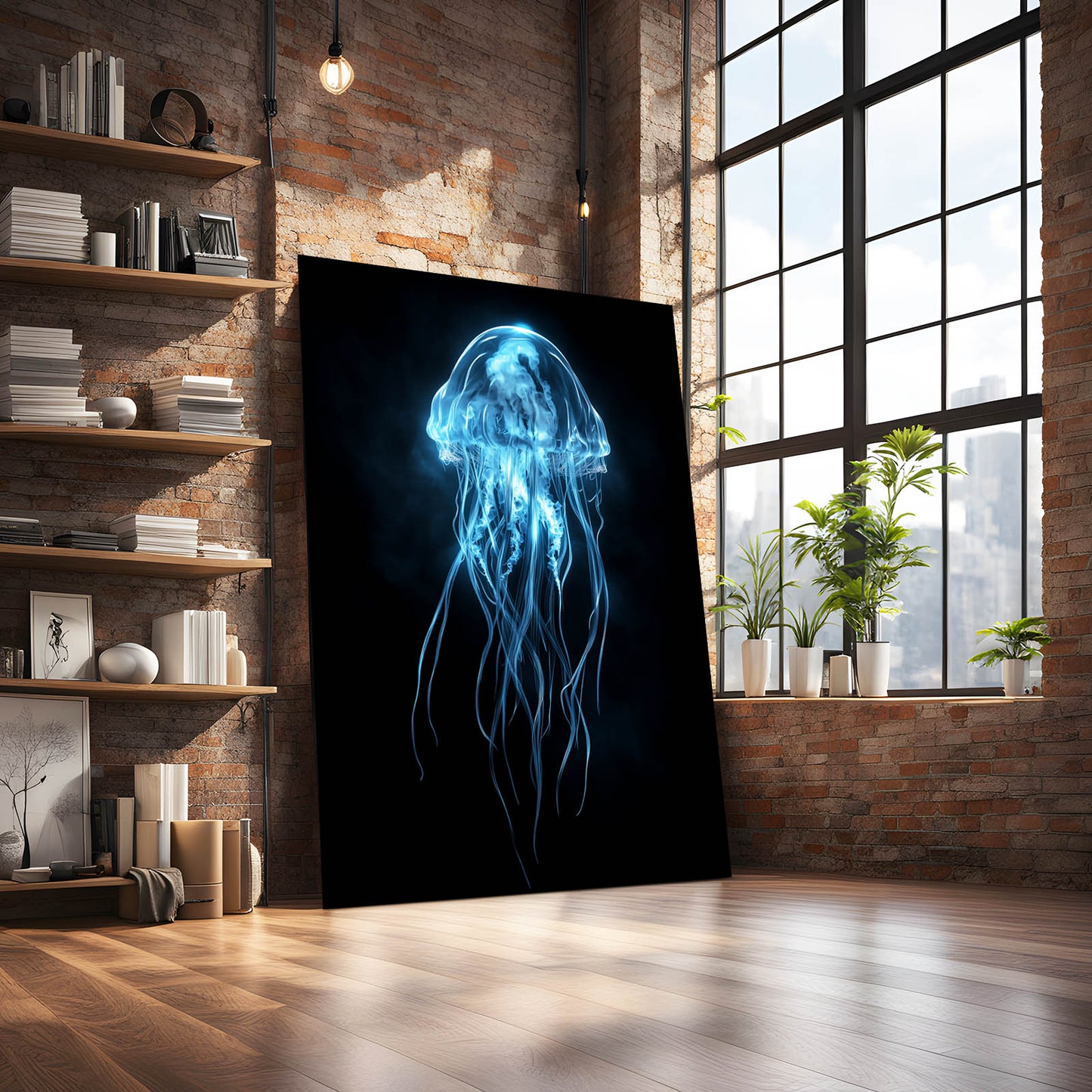 Glowing Blue Jellyfish Cool Canvas Art — contemporary canvas print, styled in a furnished interior