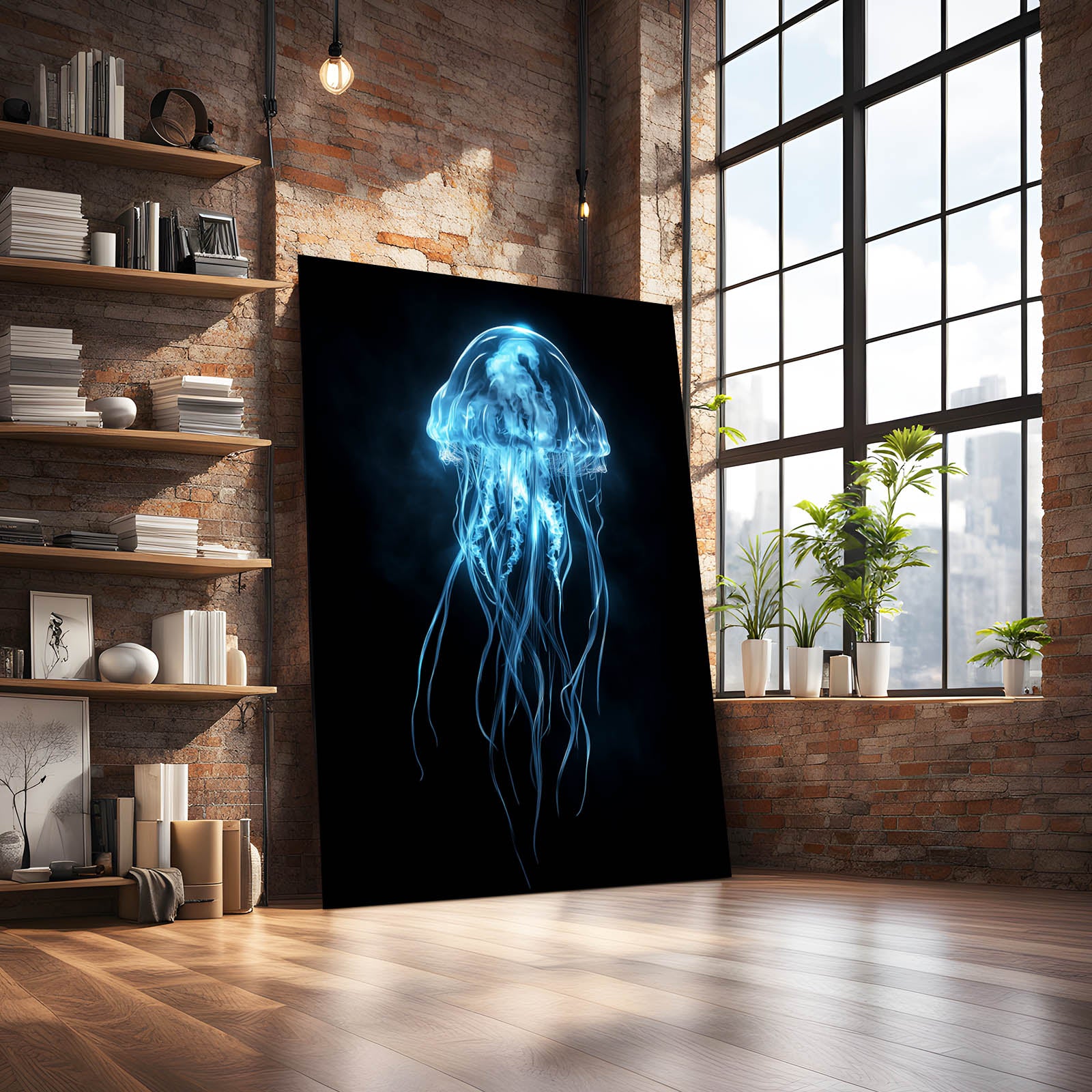 Glowing Blue Jellyfish Cool Canvas Art — contemporary canvas print, styled in a furnished interior