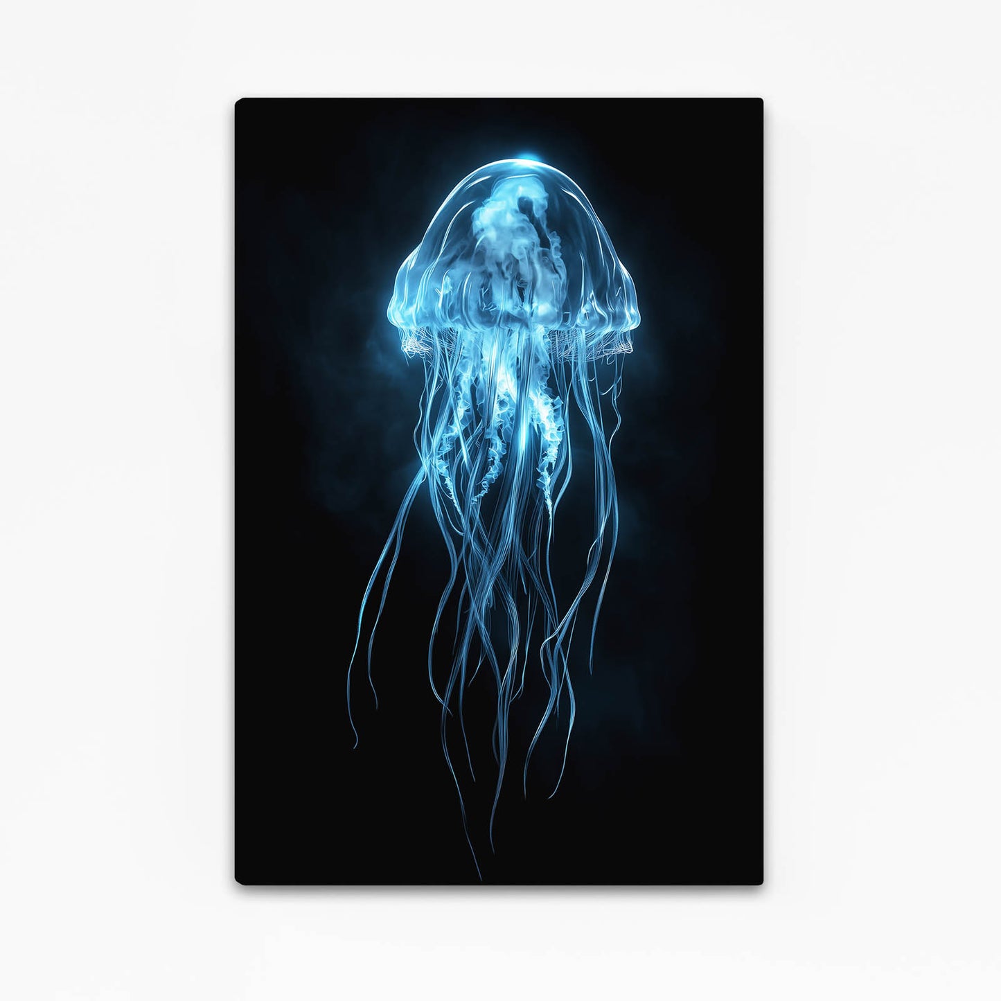 Glowing Blue Jellyfish Cool Canvas Art — contemporary canvas print, with Premium Black frame on white background