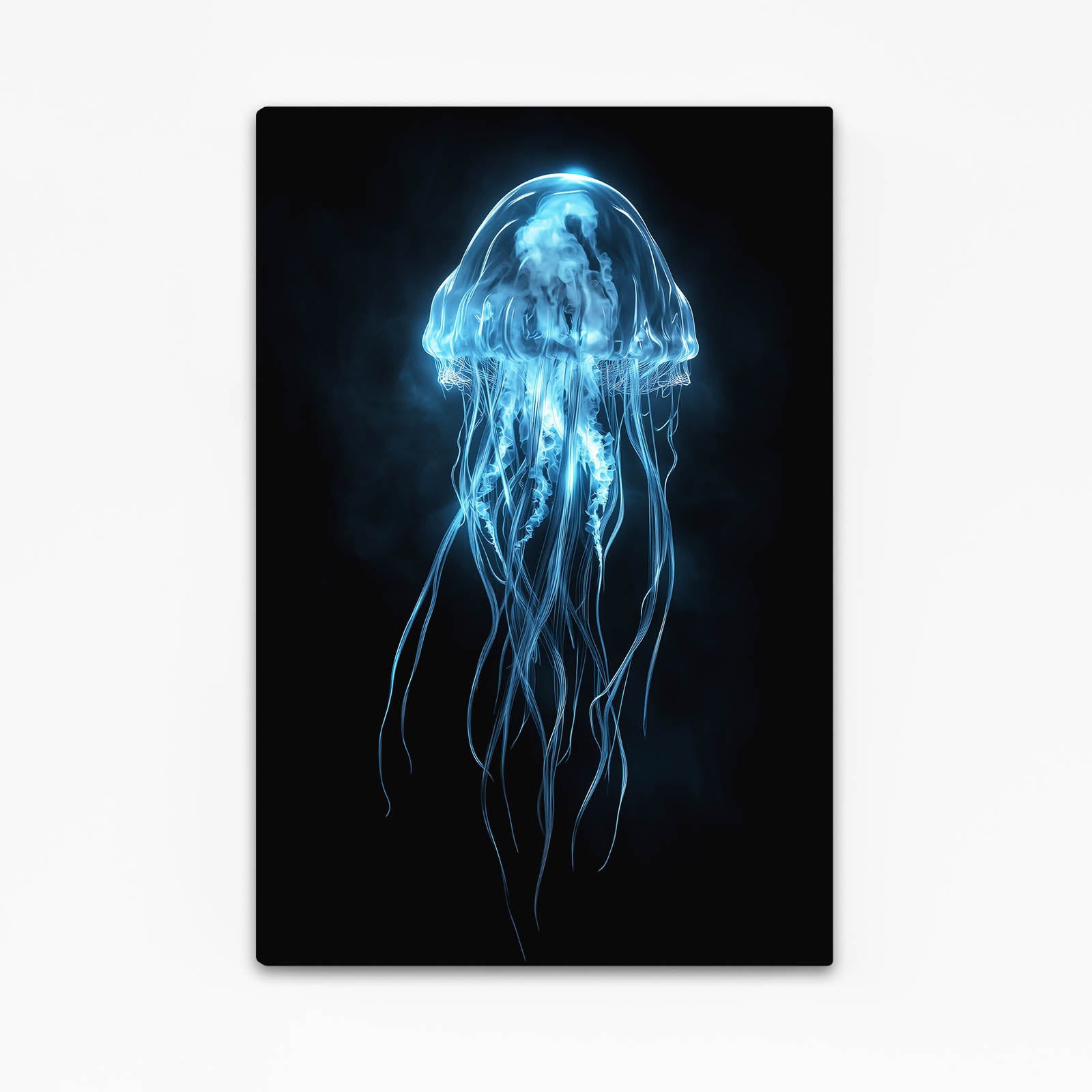 Glowing Blue Jellyfish Cool Canvas Art — contemporary canvas print, with Premium Black frame on white background