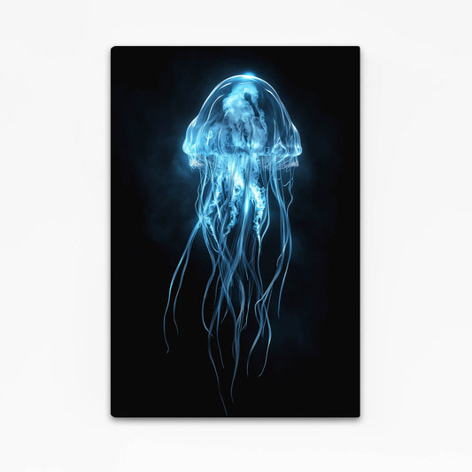 Glowing Blue Jellyfish Cool Canvas Art — contemporary canvas print, with Premium Black frame on white background