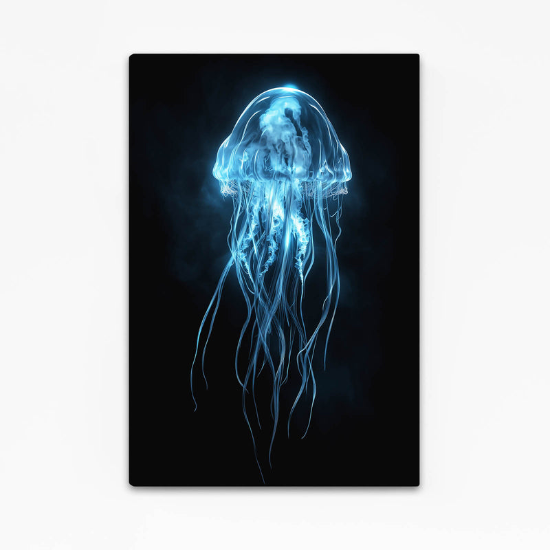 Glowing Blue Jellyfish Cool Canvas Art — contemporary canvas print, with Premium Black frame on white background
