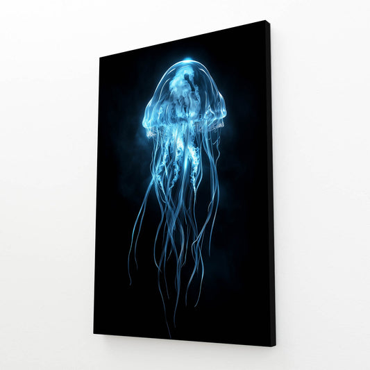 Glowing Blue Jellyfish Cool Canvas Art — contemporary canvas print, angled canvas view on white background